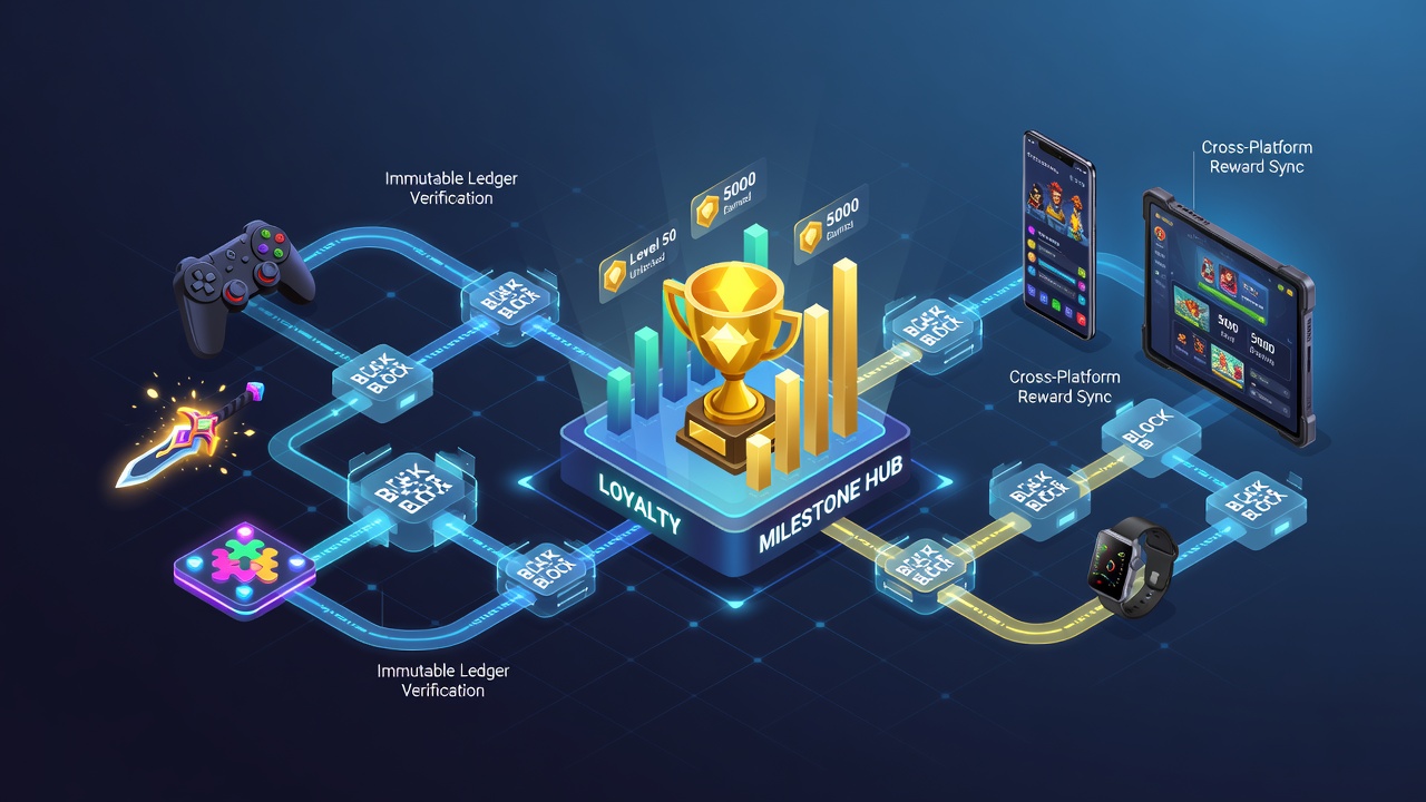 Mobile device displaying loyalty milestone progress tracked through blockchain entries in mixed gaming sessions