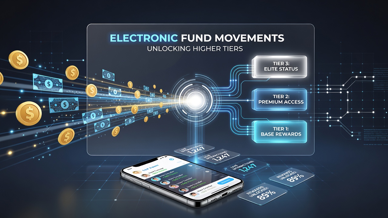Dashboard view of tier progression metrics tied to electronic fund activity in mobile reward applications