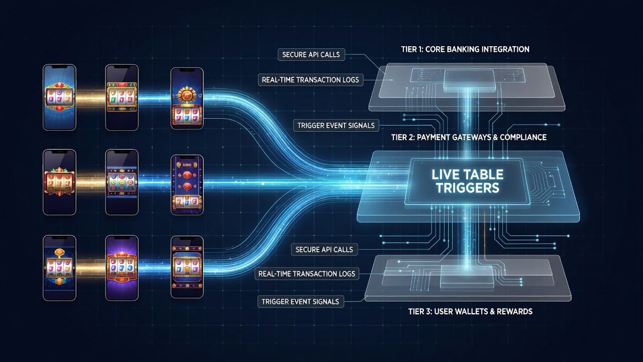 Flowchart depicting connections between mobile payments, live triggers, and escalating prize tiers