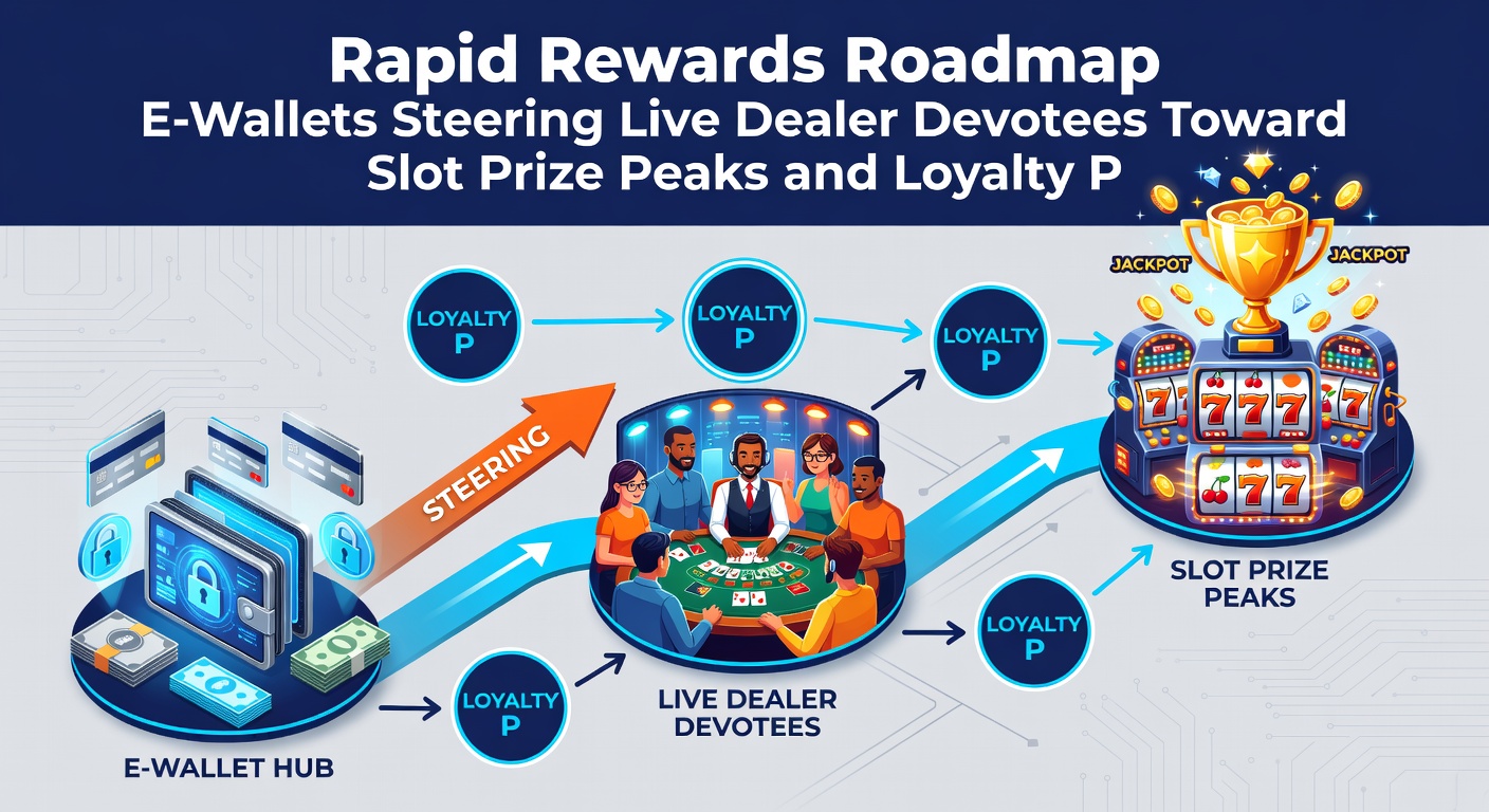 Illustration of a player at a live dealer table transitioning via e-wallet lightning bolt to a slot machine erupting in jackpot coins and loyalty crown icons