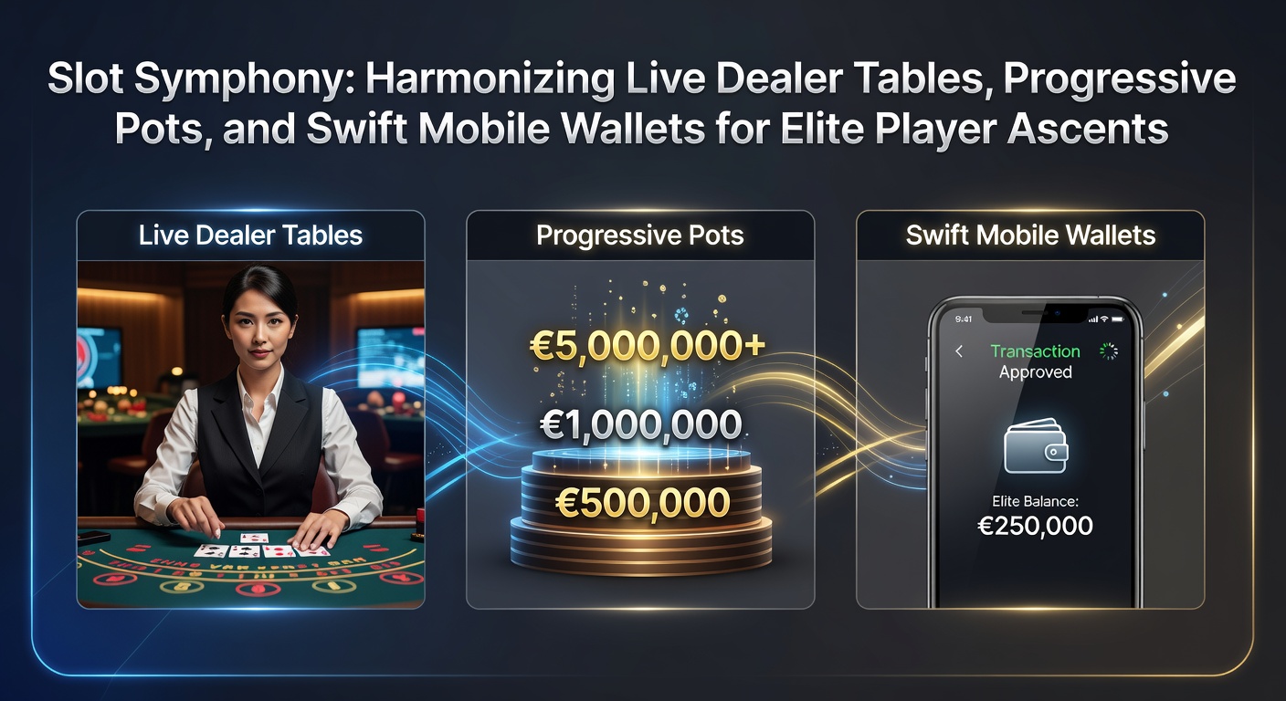 Dynamic digital display showing synchronized slot reels, live dealer blackjack table, escalating progressive jackpot meter, and mobile wallet transaction screen blending into a harmonious symphony of lights and numbers