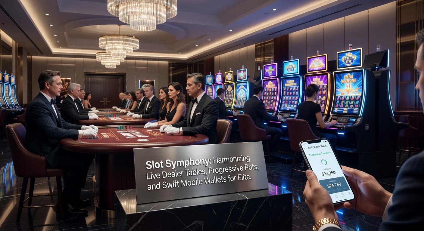 Close-up of a glowing progressive jackpot counter ticking upward beside a live dealer spinning a roulette wheel, with slot symbols and mobile payment icons orbiting in symphony