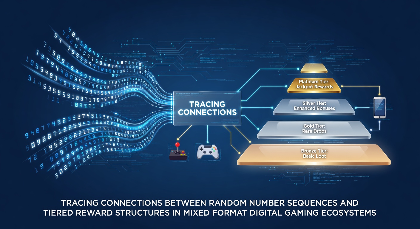 Diagram showing random number sequences feeding into tiered reward calculations across digital gaming platforms
